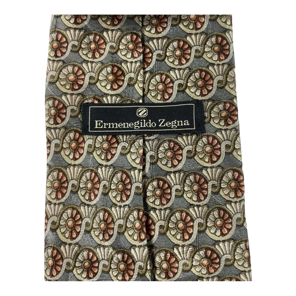 Ermenegildo Zegna Gray Tan Orange Medallion Pure Silk Tie 3.75 Inch Width